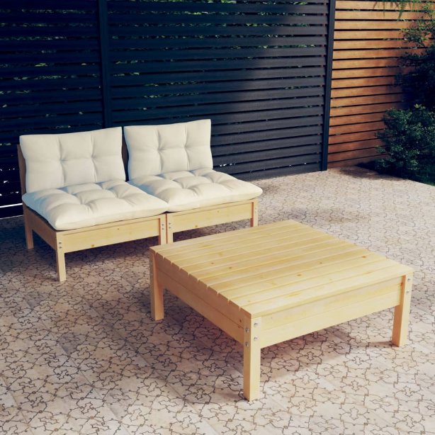 vidaXL 3 pcs conjunto lounge de jardim c/ almofadões cinzentos pinho