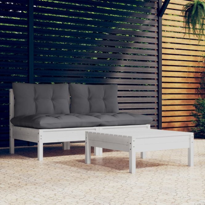 vidaXL 3 pcs conjunto lounge de jardim c/ almofadões cinzentos pinho