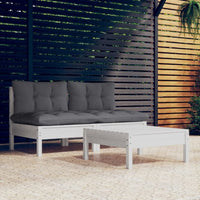 vidaXL 3 pcs conjunto lounge de jardim c/ almofadões cinzentos pinho