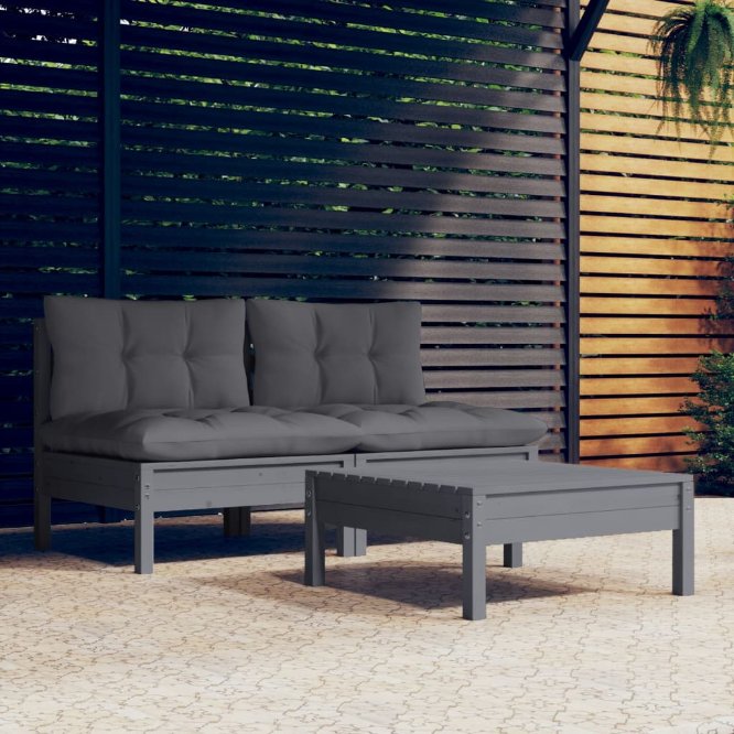vidaXL 3 pcs conjunto lounge de jardim c/ almofadões cinzentos pinho