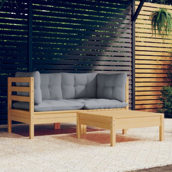 vidaXL 3 pcs conjunto lounge de jardim c/ almofadões cinzentos pinho