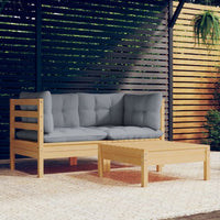 vidaXL 3 pcs conjunto lounge de jardim c/ almofadões cinzentos pinho