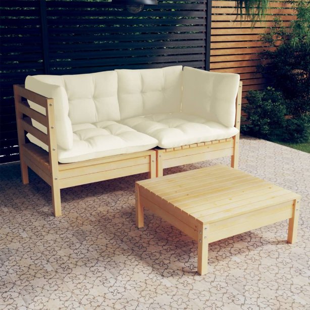 vidaXL 3 pcs conjunto lounge de jardim c/ almofadões cinzentos pinho