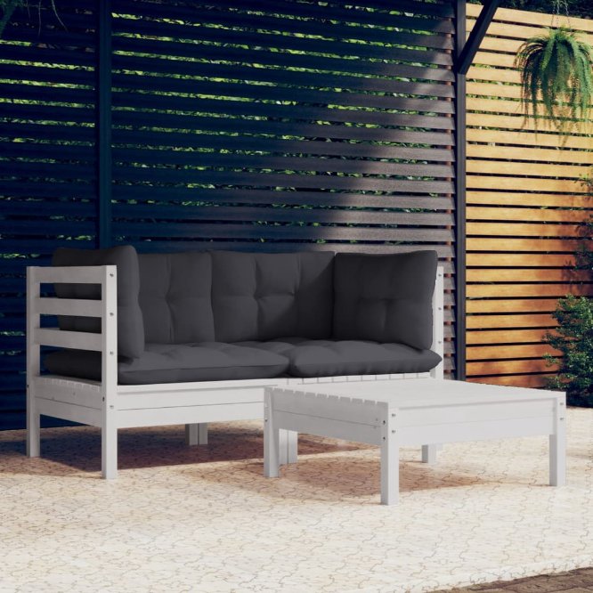vidaXL 3 pcs conjunto lounge de jardim c/ almofadões cinzentos pinho