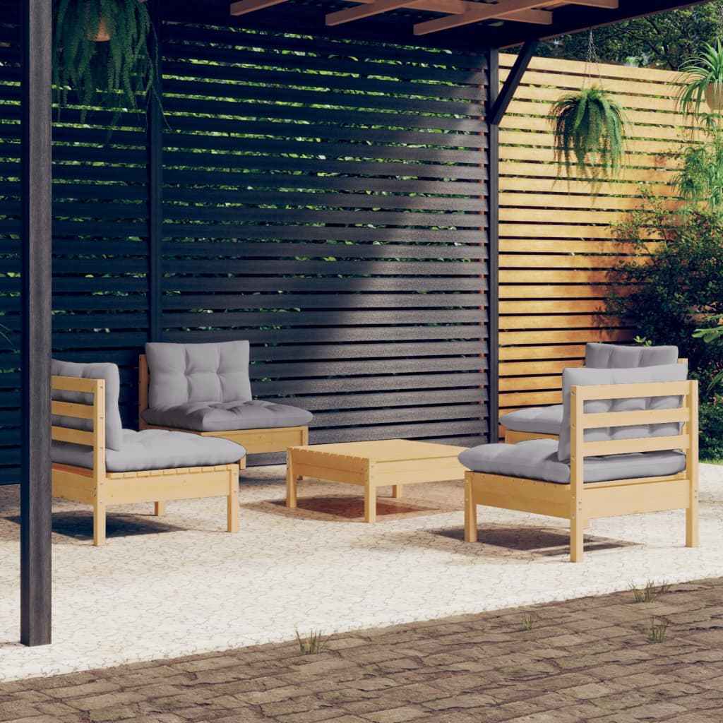 vidaXL 5 pcs conjunto lounge de jardim c/ almofadões cinzentos pinho