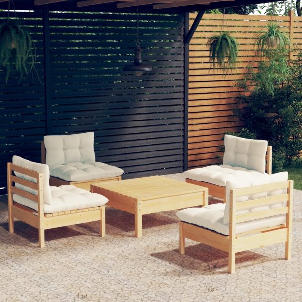 vidaXL 5 pcs conjunto lounge de jardim c/ almofadões cinzentos pinho