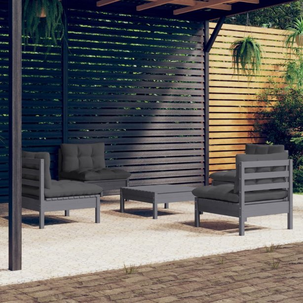 vidaXL 5 pcs conjunto lounge de jardim c/ almofadões cinzentos pinho