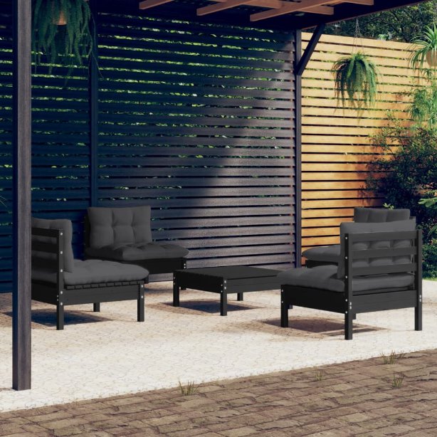 vidaXL 5 pcs conjunto lounge de jardim c/ almofadões cinzentos pinho