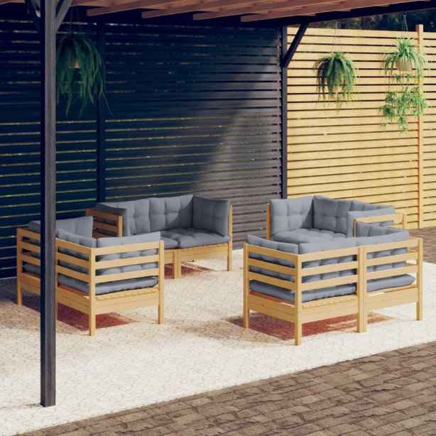 vidaXL 8 pcs conjunto lounge de jardim + almofadões cinza pinho