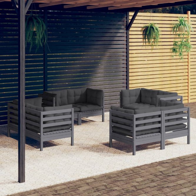 vidaXL 8 pcs conjunto lounge de jardim + almofadões cinza pinho