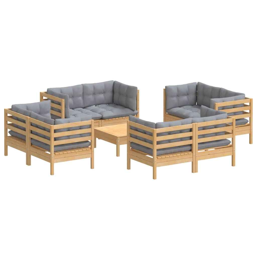 vidaXL 9 pcs conjunto lounge de jardim c/ almofadões cinzentos pinho