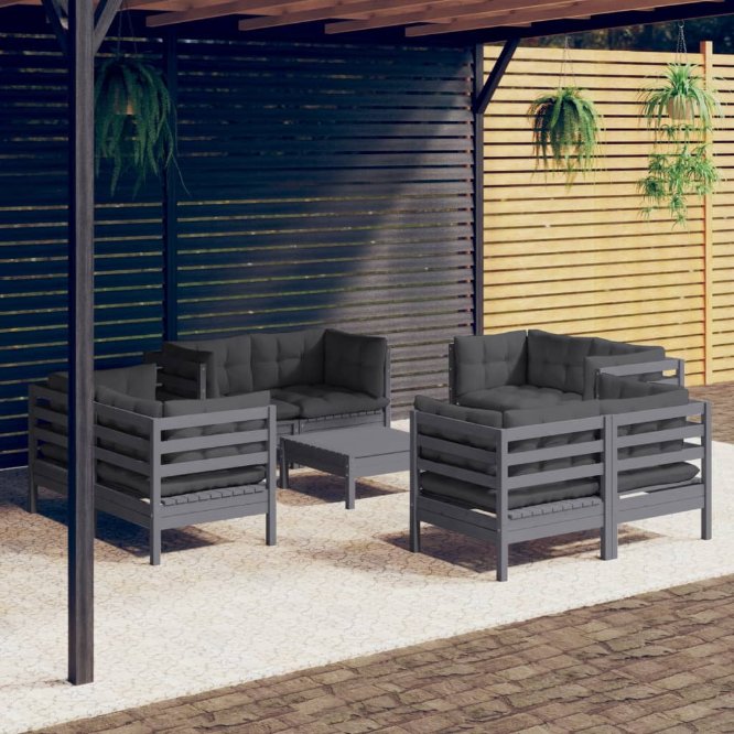 vidaXL 9 pcs conjunto lounge de jardim c/ almofadões cinzentos pinho
