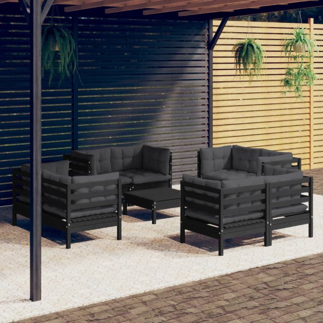 vidaXL 9 pcs conjunto lounge de jardim c/ almofadões cinzentos pinho
