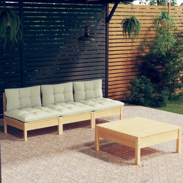 vidaXL 4 pcs conjunto lounge de jardim c/ almofadões cinzentos pinho