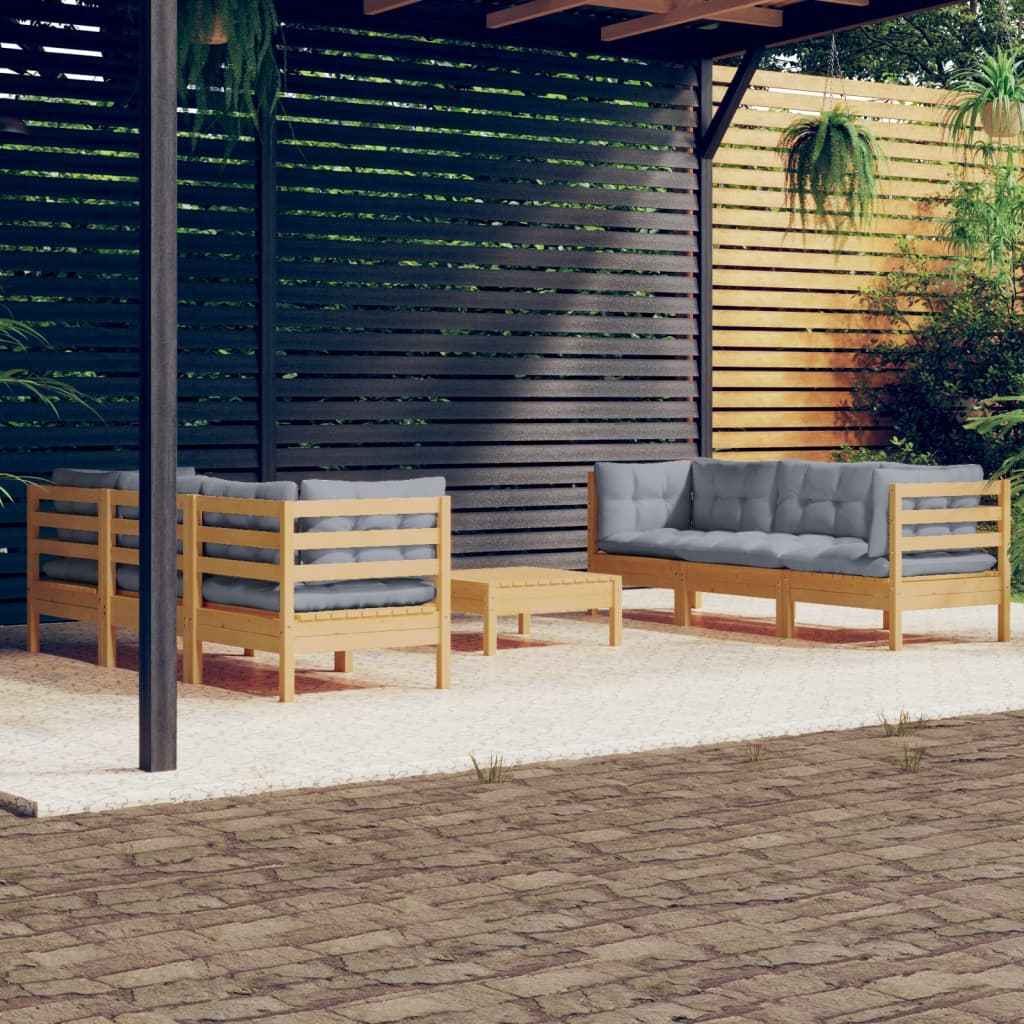 vidaXL 7 pcs conjunto lounge de jardim c/ almofadões cinzentos pinho