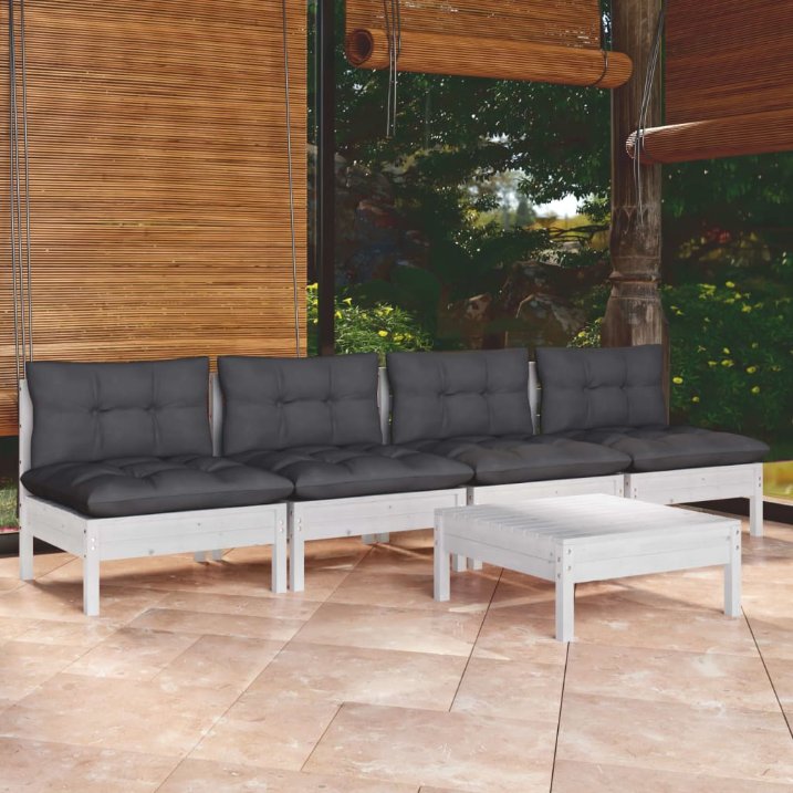 vidaXL 5 pcs conjunto lounge de jardim c/ almofadões cinzentos pinho