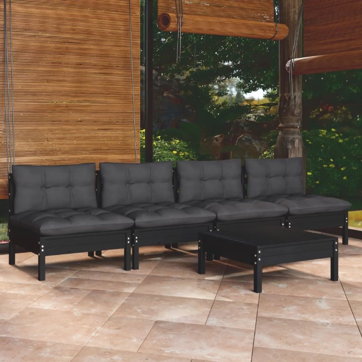 vidaXL 5 pcs conjunto lounge de jardim c/ almofadões cinzentos pinho