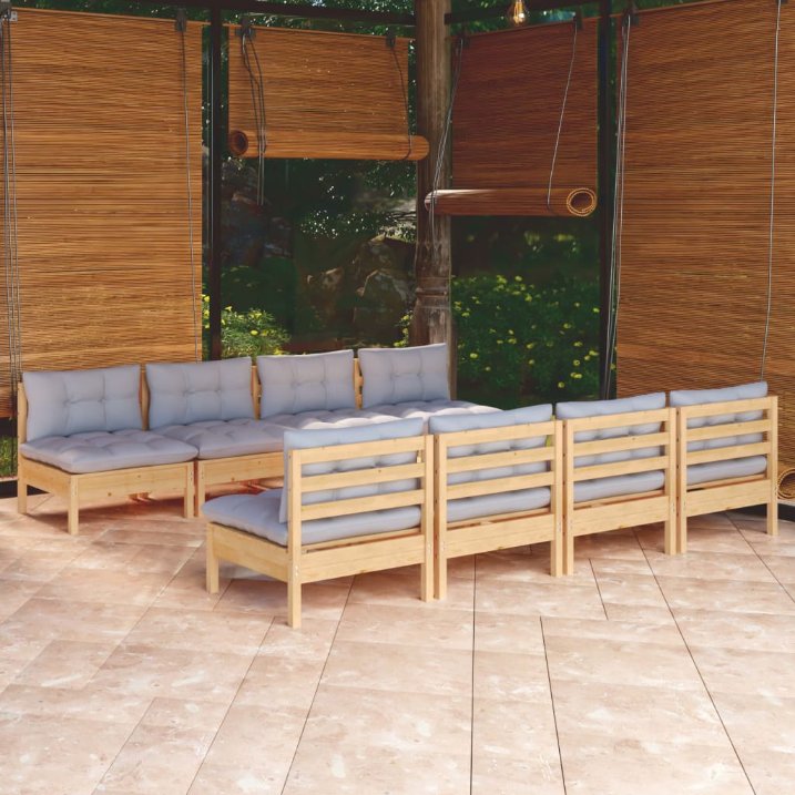 vidaXL 9 pcs conjunto lounge de jardim + almofadões cinza pinho maciço