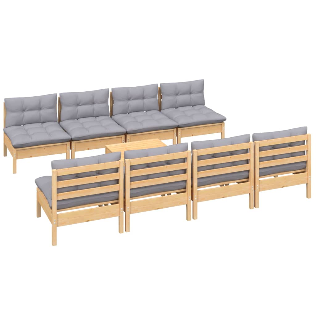 vidaXL 9 pcs conjunto lounge de jardim + almofadões cinza pinho maciço