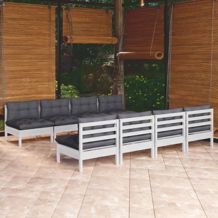 vidaXL 9 pcs conjunto lounge de jardim + almofadões cinza pinho maciço