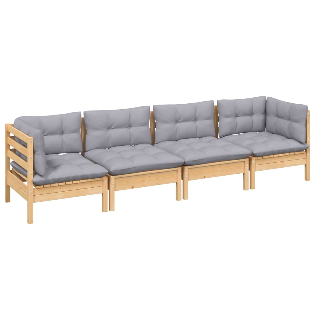vidaXL 4 pcs conjunto lounge de jardim + almofadões cinza pinho maciço