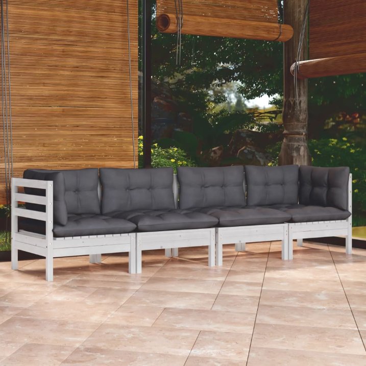 vidaXL 4 pcs conjunto lounge de jardim + almofadões cinza pinho maciço