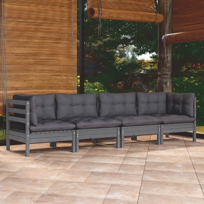vidaXL 4 pcs conjunto lounge de jardim + almofadões cinza pinho maciço