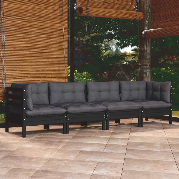 vidaXL 4 pcs conjunto lounge de jardim + almofadões cinza pinho maciço