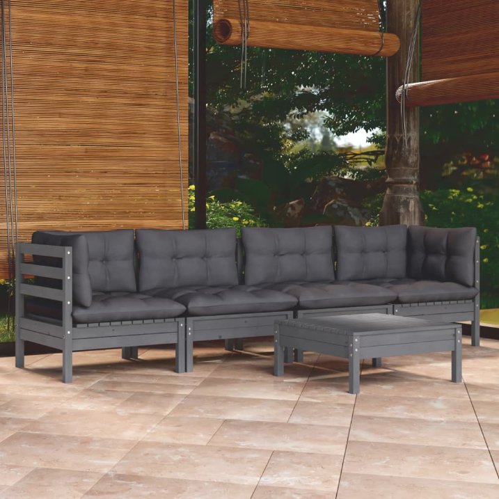 vidaXL 5 pcs conjunto lounge de jardim + almofadões cinza pinho maciço