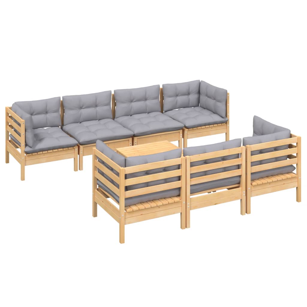 vidaXL 8 pcs conjunto lounge de jardim + almofadões cinza pinho maciço