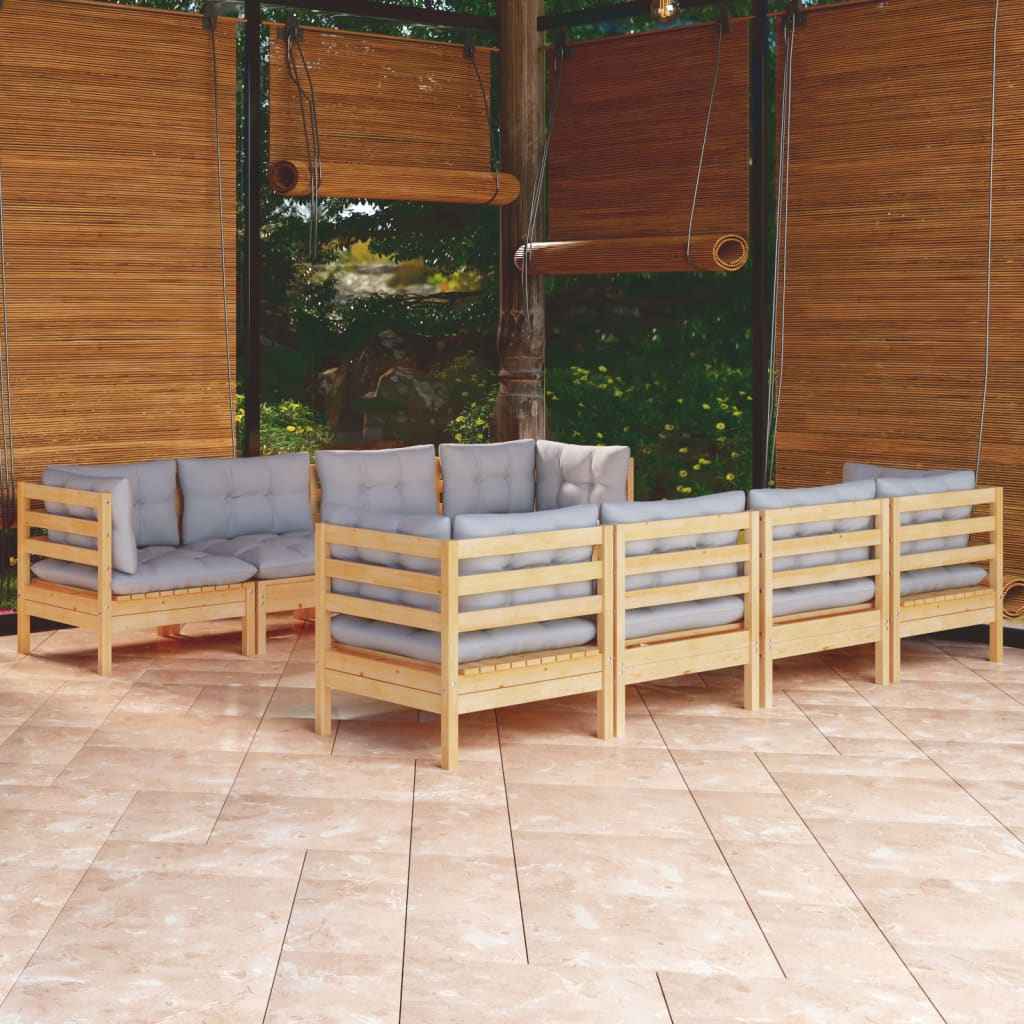 vidaXL 9 pcs conjunto lounge de jardim + almofadões cinza pinho maciço