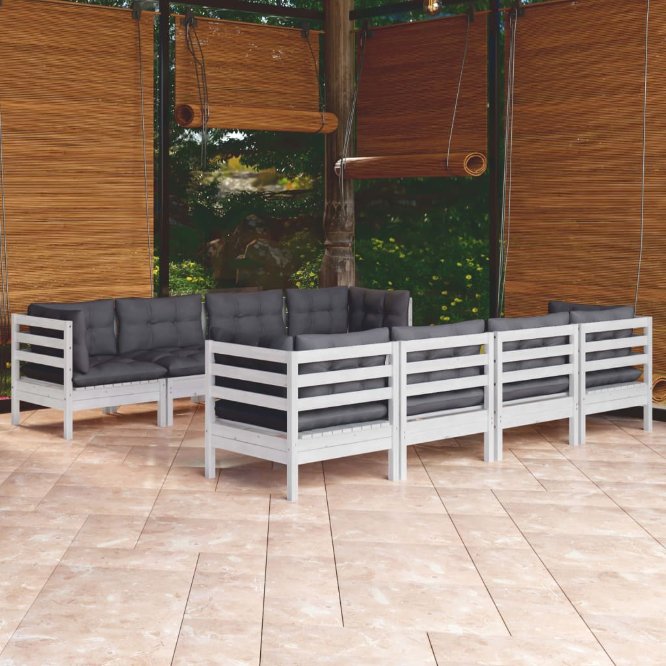 vidaXL 9 pcs conjunto lounge de jardim + almofadões cinza pinho maciço