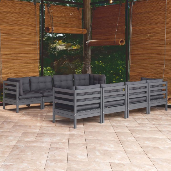 vidaXL 9 pcs conjunto lounge de jardim + almofadões cinza pinho maciço