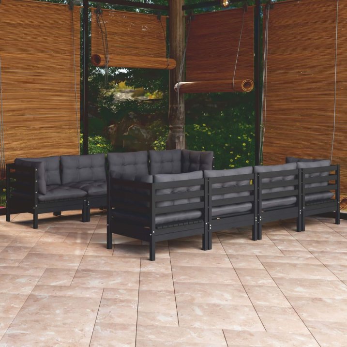vidaXL 9 pcs conjunto lounge de jardim + almofadões cinza pinho maciço