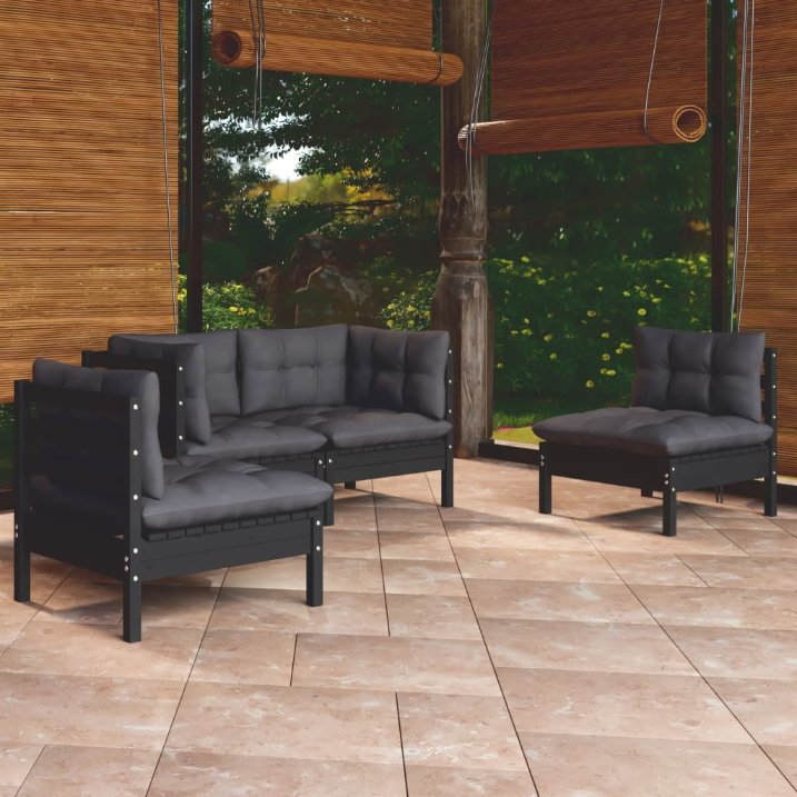 vidaXL 4 pcs conjunto lounge de jardim + almofadões cinza pinho maciço