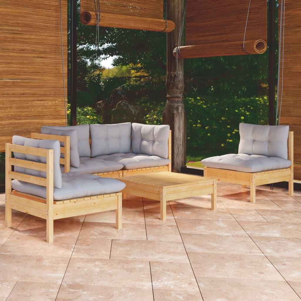 vidaXL 5 pcs conjunto lounge de jardim + almofadões cinza pinho maciço