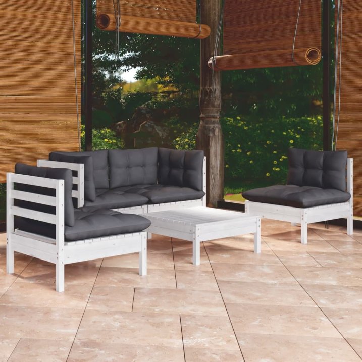 vidaXL 5 pcs conjunto lounge de jardim + almofadões cinza pinho maciço
