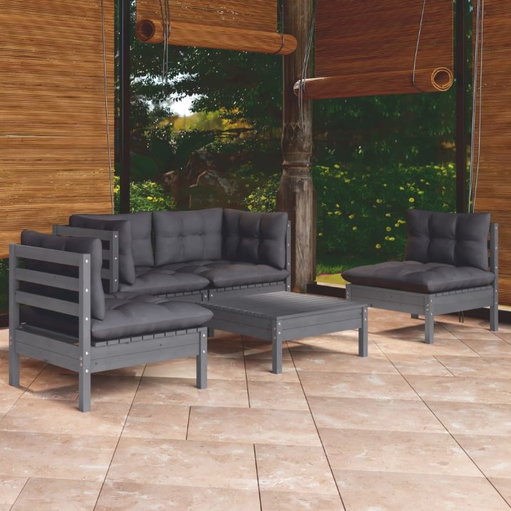 vidaXL 5 pcs conjunto lounge de jardim + almofadões cinza pinho maciço