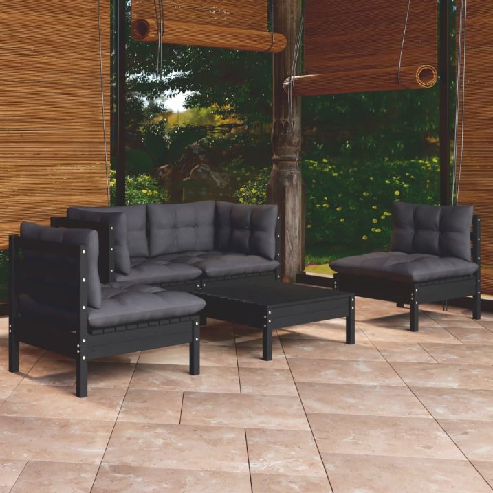 vidaXL 5 pcs conjunto lounge de jardim + almofadões cinza pinho maciço