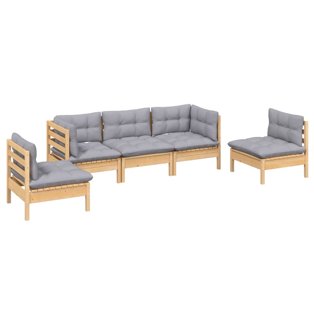 vidaXL 5 pcs conjunto lounge de jardim + almofadões cinza pinho maciço