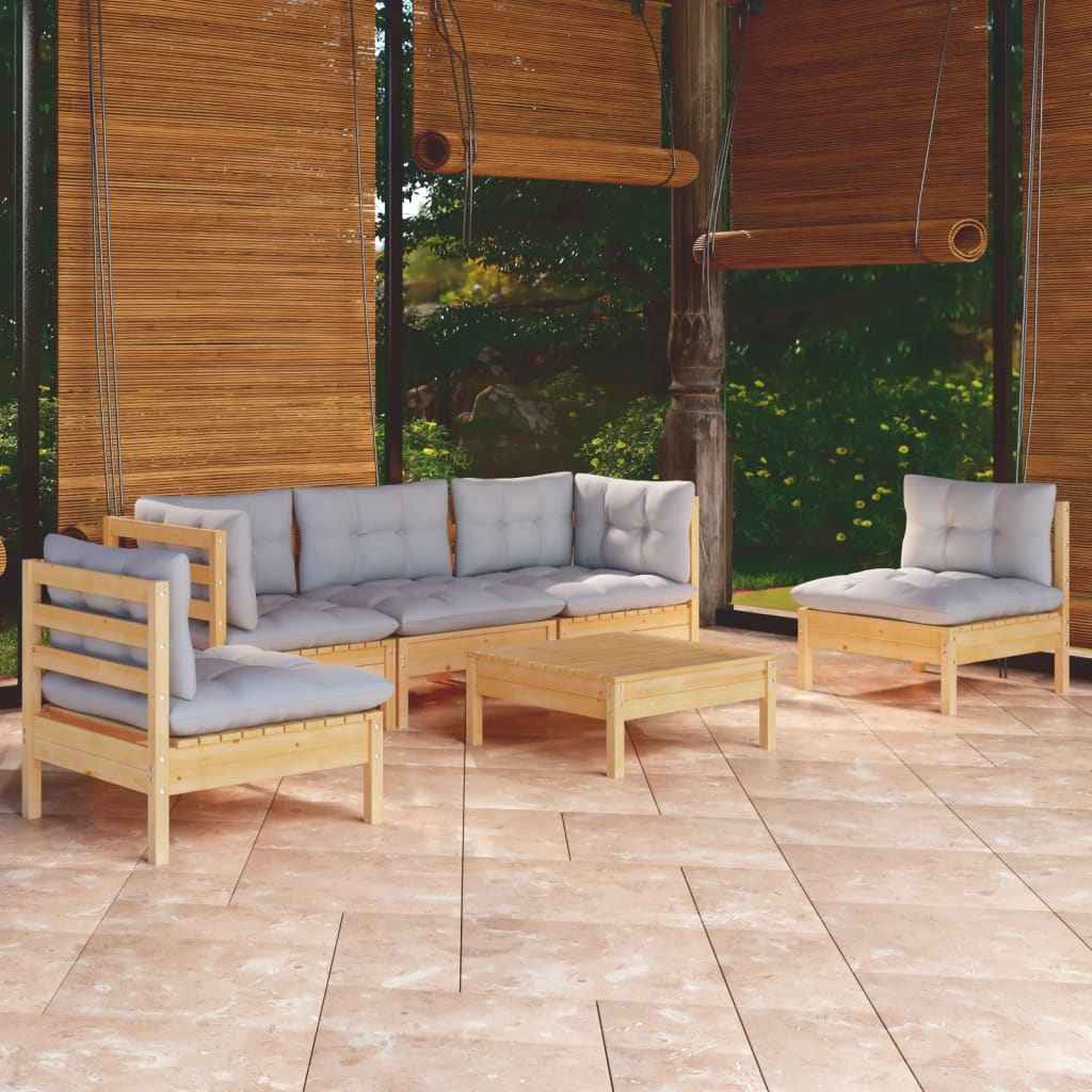 vidaXL 6 pcs conjunto lounge de jardim + almofadões cinza pinho maciço