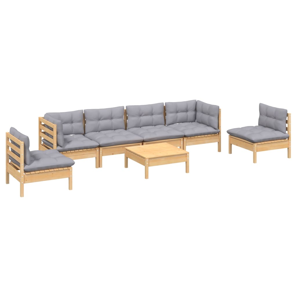 vidaXL 7 pcs conjunto lounge de jardim + almofadões cinza pinho maciço