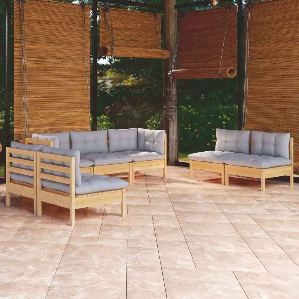 vidaXL 7 pcs conjunto lounge de jardim + almofadões cinza pinho maciço
