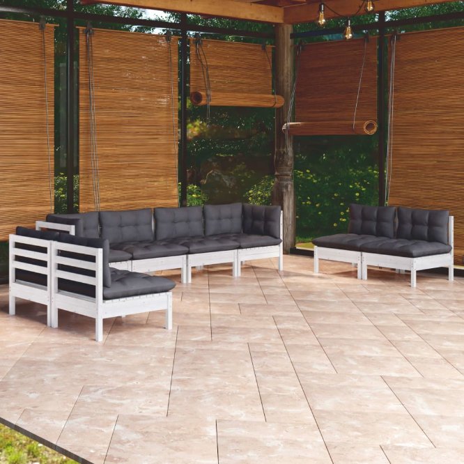 vidaXL 8 pcs conjunto lounge de jardim + almofadões cinza pinho maciço