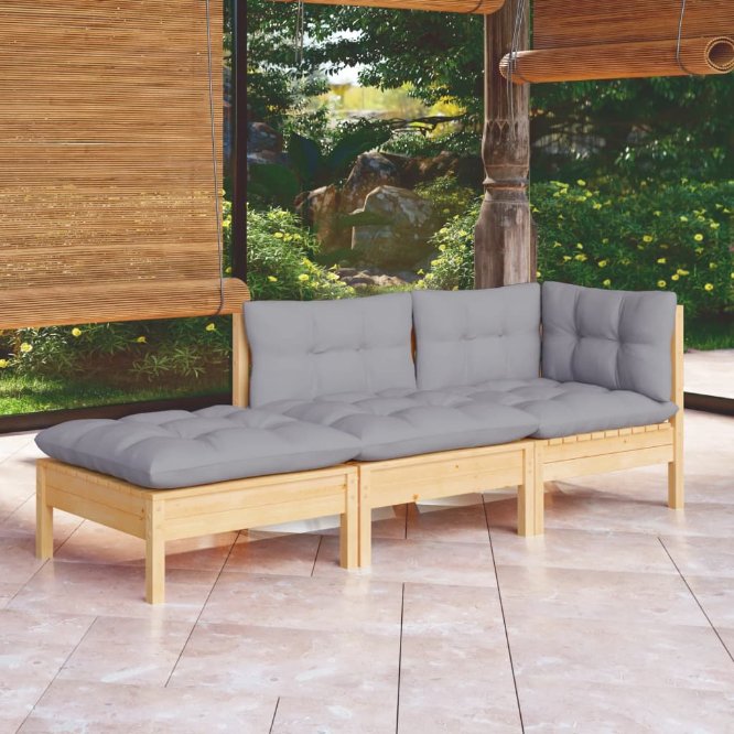 vidaXL 3pcs conjunto lounge de jardim c/ almofadões cinza pinho maciço