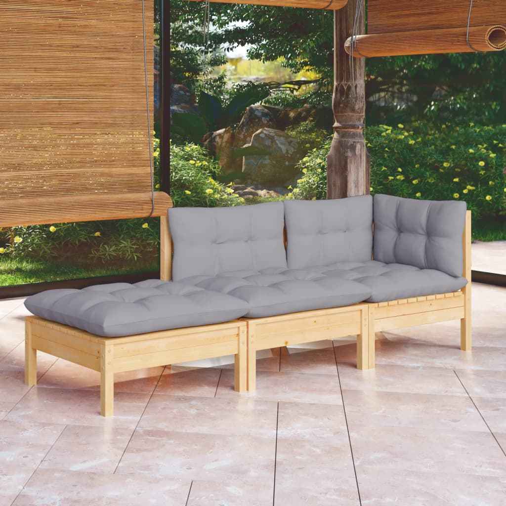 vidaXL 3pcs conjunto lounge de jardim c/ almofadões cinza pinho maciço