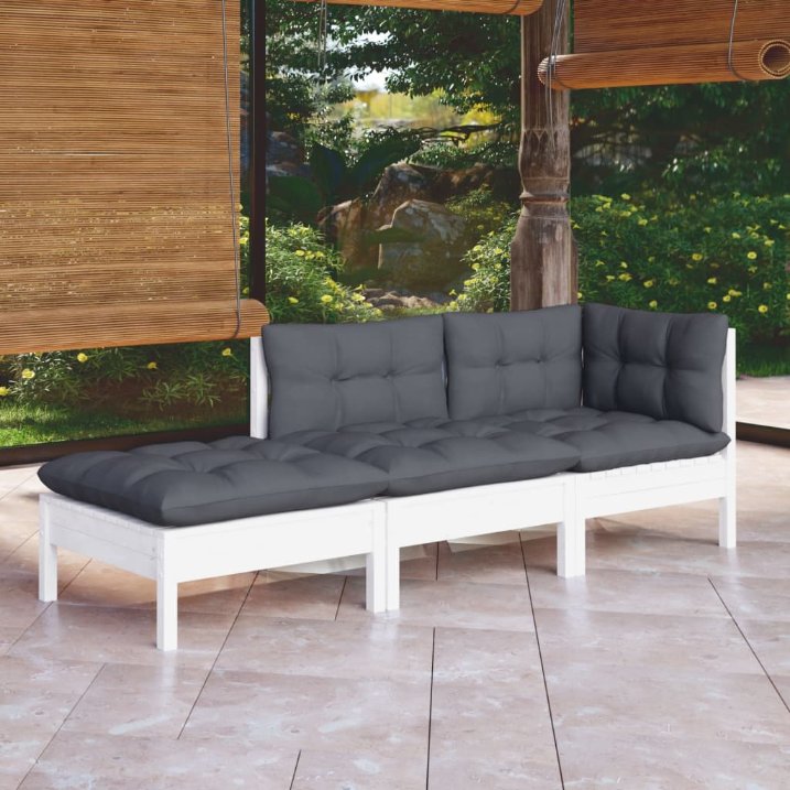 vidaXL 3pcs conjunto lounge de jardim c/ almofadões cinza pinho maciço