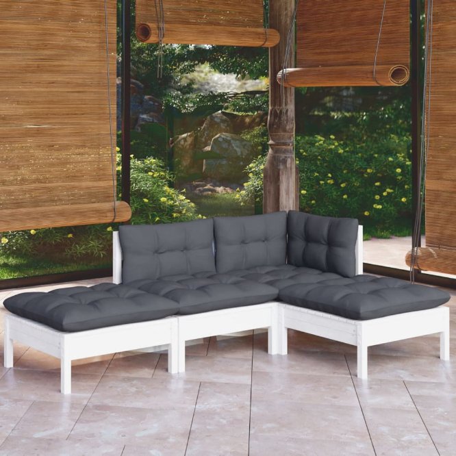 vidaXL 4 pcs conjunto lounge de jardim + almofadões cinza pinho maciço