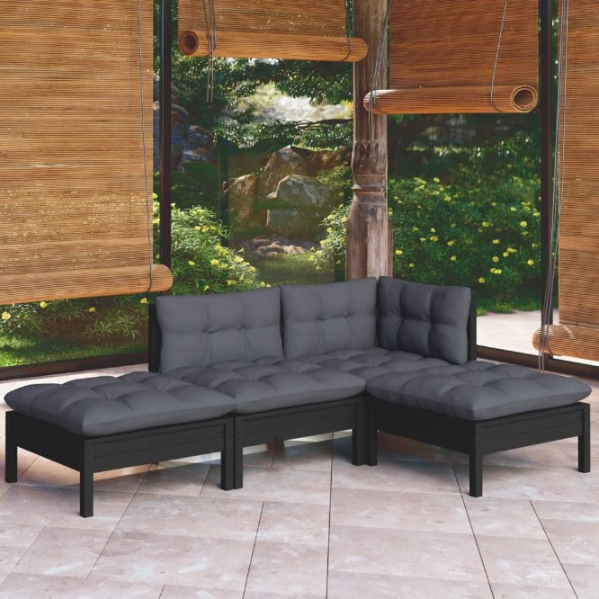 vidaXL 4 pcs conjunto lounge de jardim + almofadões cinza pinho maciço