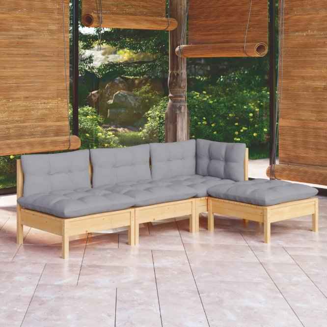 vidaXL 4 pcs conjunto lounge de jardim c/ almofadões cinza pinho